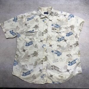 Croft & Barrow Mens XL Vintage 90s Biplane Travel Print Button Down Shirt Cream